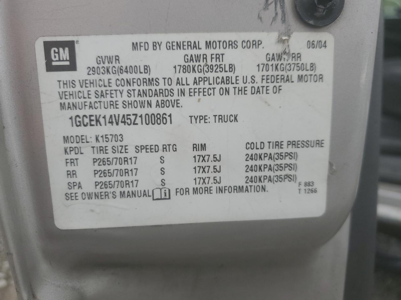 1GCEK14V45Z100861 2005 Chevrolet Silverado K1500