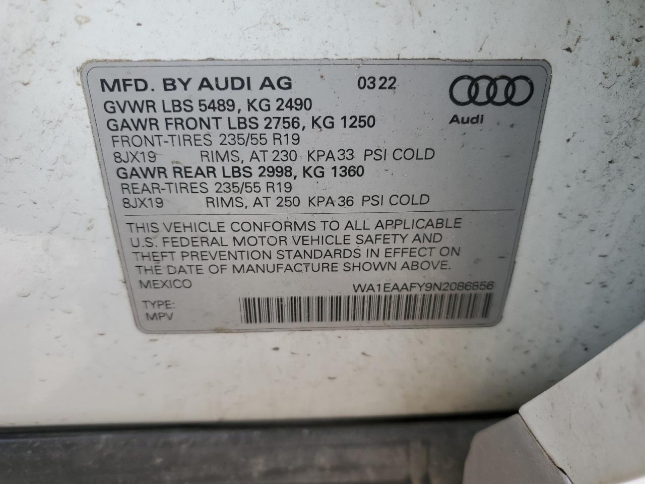 WA1EAAFY9N2086856 2022 Audi Q5 Premium Plus 45