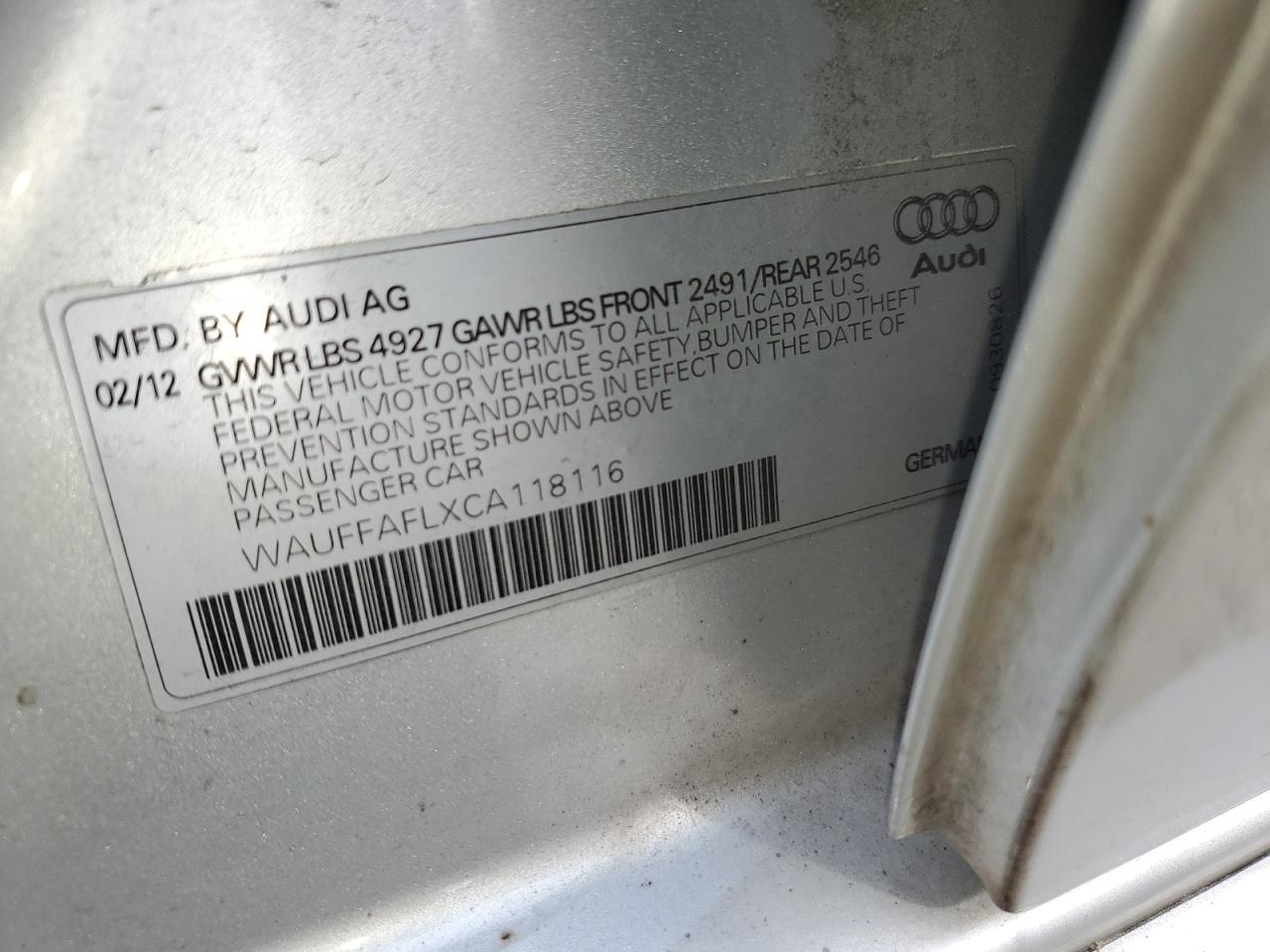 WAUFFAFLXCA118116 2012 Audi A4 Premium Plus