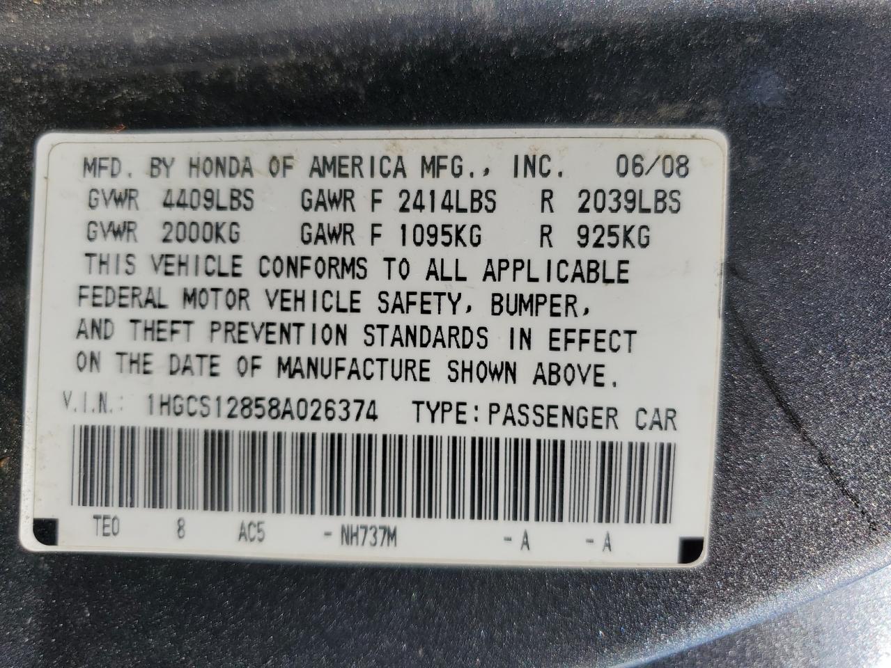 1HGCS12858A026374 2008 Honda Accord Exl