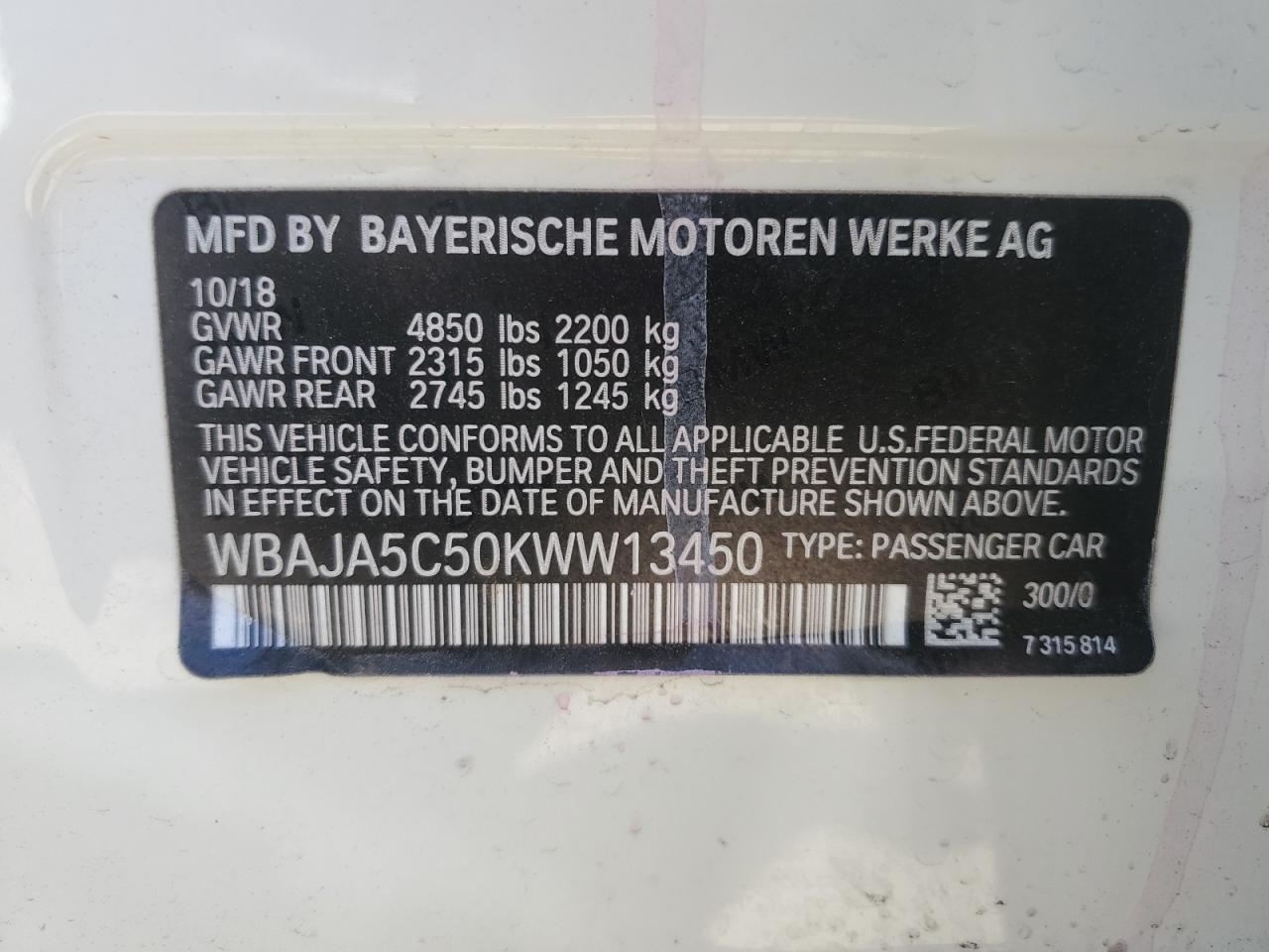 WBAJA5C50KWW13450 2019 BMW 530 I