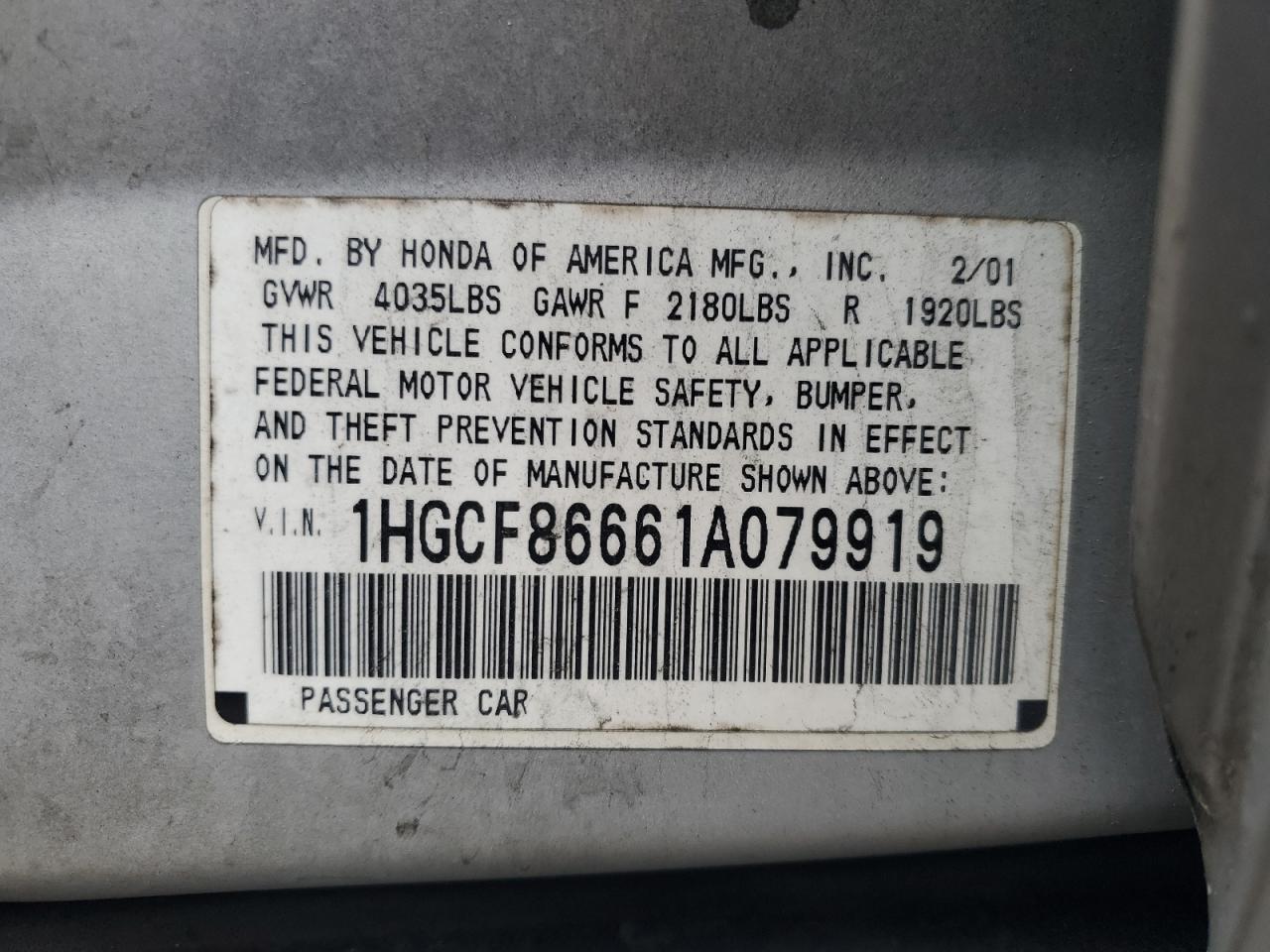 1HGCF86661A079919 2001 Honda Accord Value