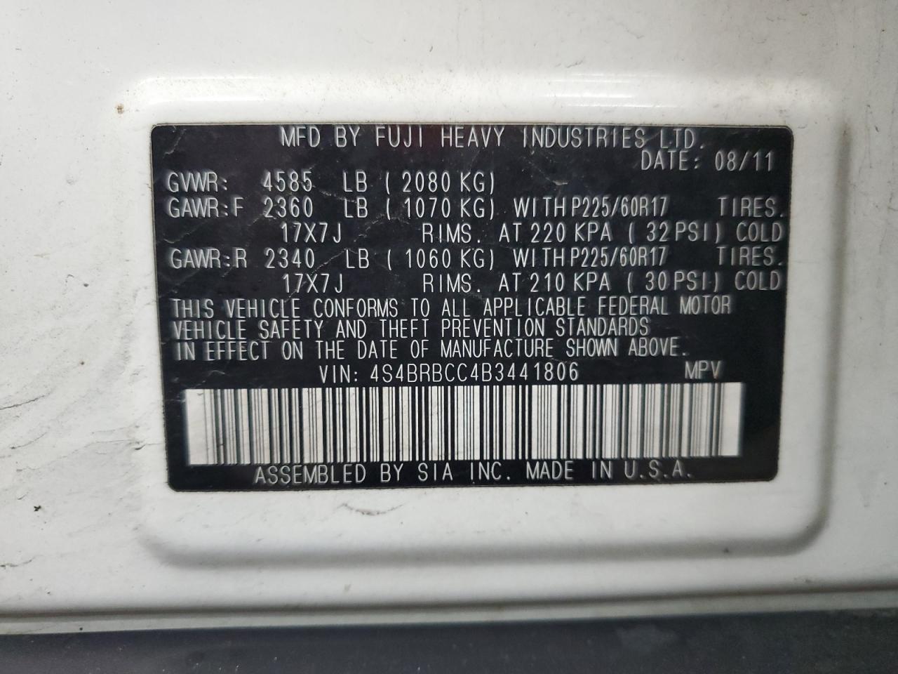 4S4BRBCC4B3441806 2011 Subaru Outback 2.5I Premium