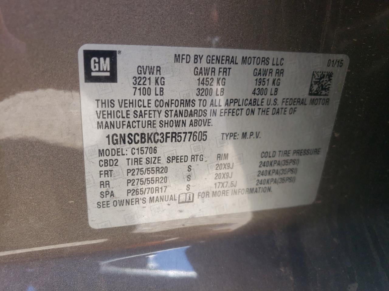 1GNSCBKC3FR577605 2015 Chevrolet Tahoe C1500 Lt