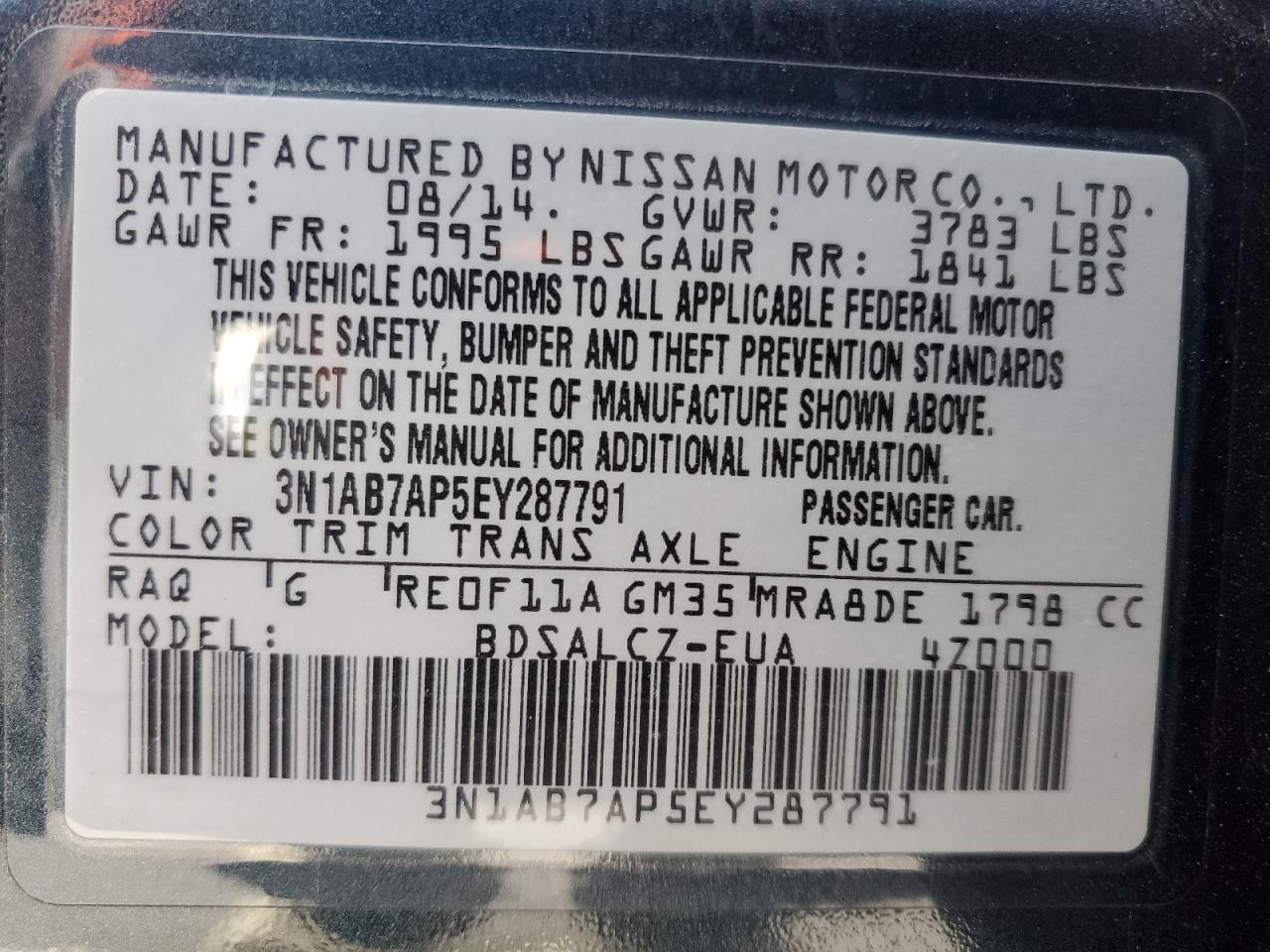 2014 Nissan Sentra S vin: 3N1AB7AP5EY287791