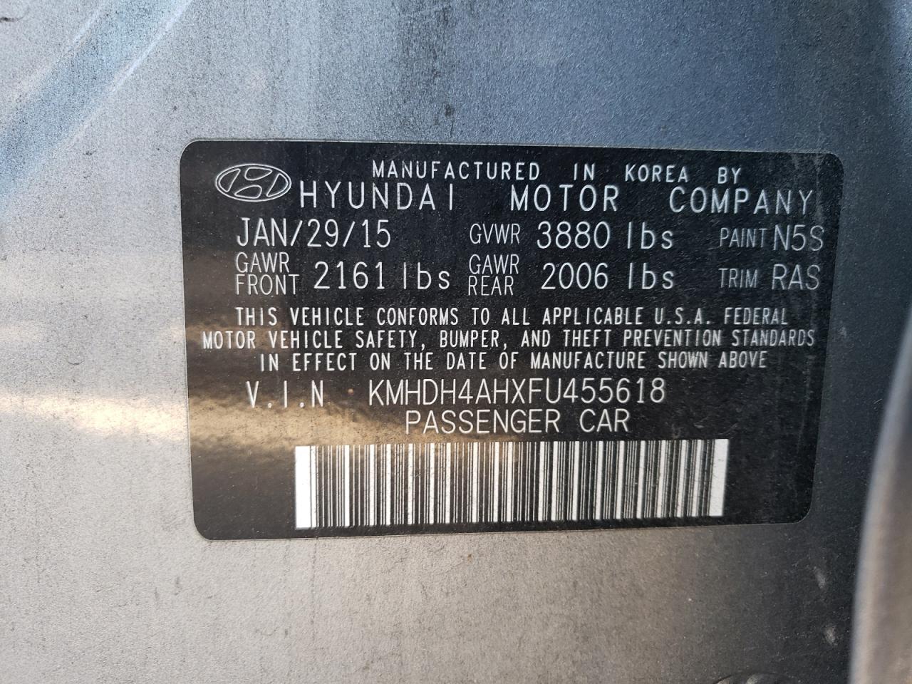 2015 Hyundai Elantra Se vin: KMHDH4AHXFU455618