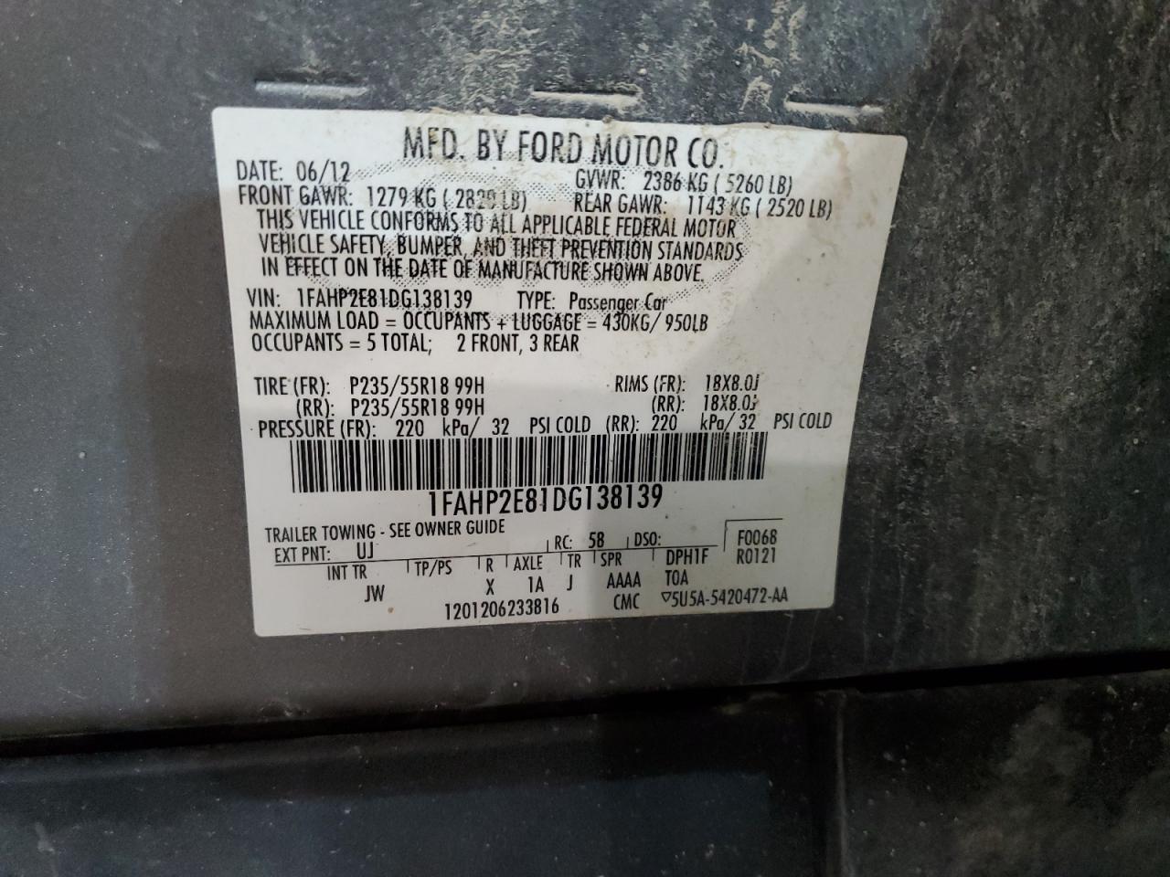 1FAHP2E81DG138139 2013 Ford Taurus Sel