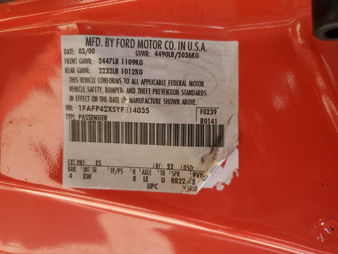 1FAFP42X5YF214035 2000 Ford Mustang Gt