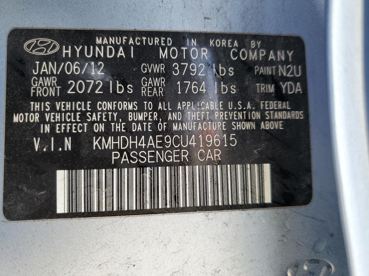 KMHDH4AE9CU419615 2012 Hyundai Elantra Gls