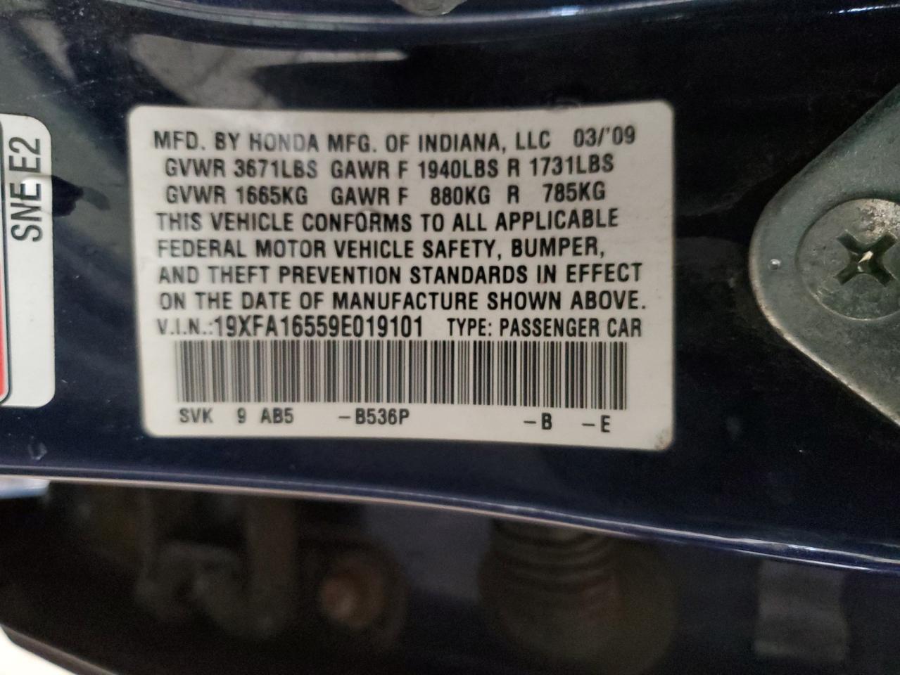 19XFA16559E019101 2009 Honda Civic Lx