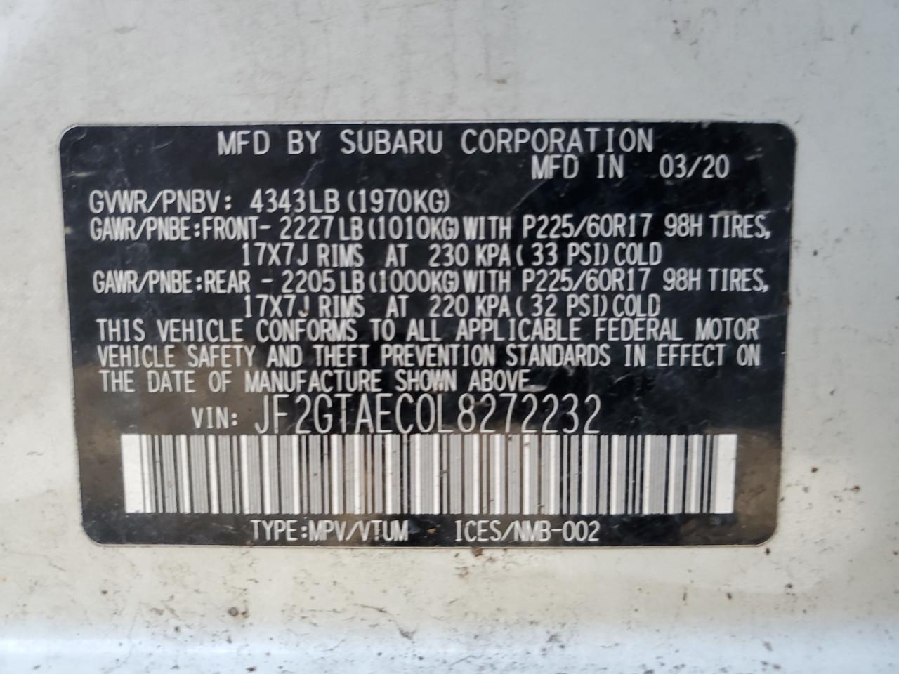 JF2GTAEC0L8272232 2020 Subaru Crosstrek Premium