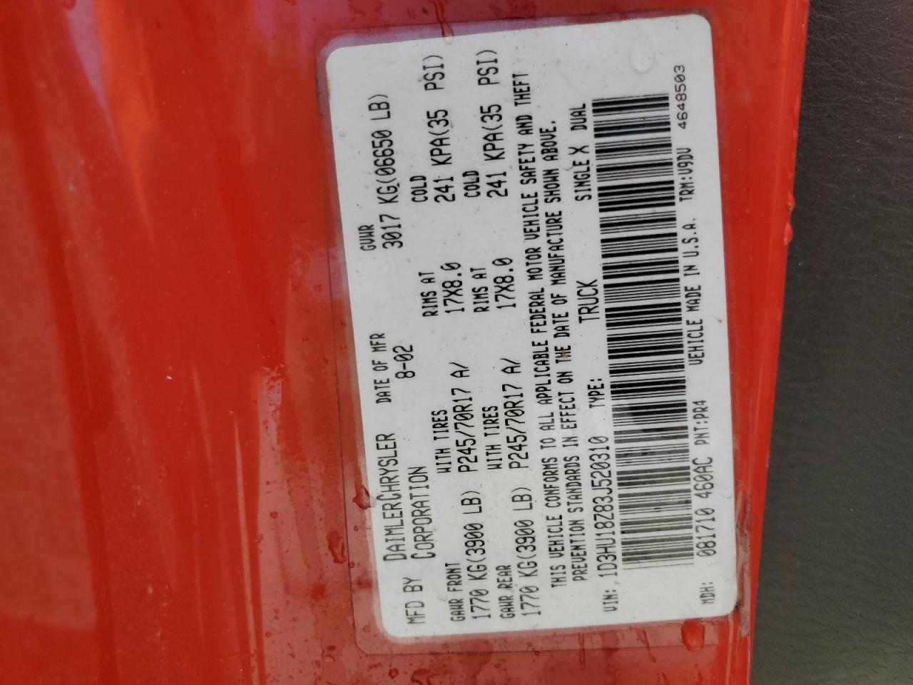 1D3HU18Z83J520310 2003 Dodge Ram 1500 St