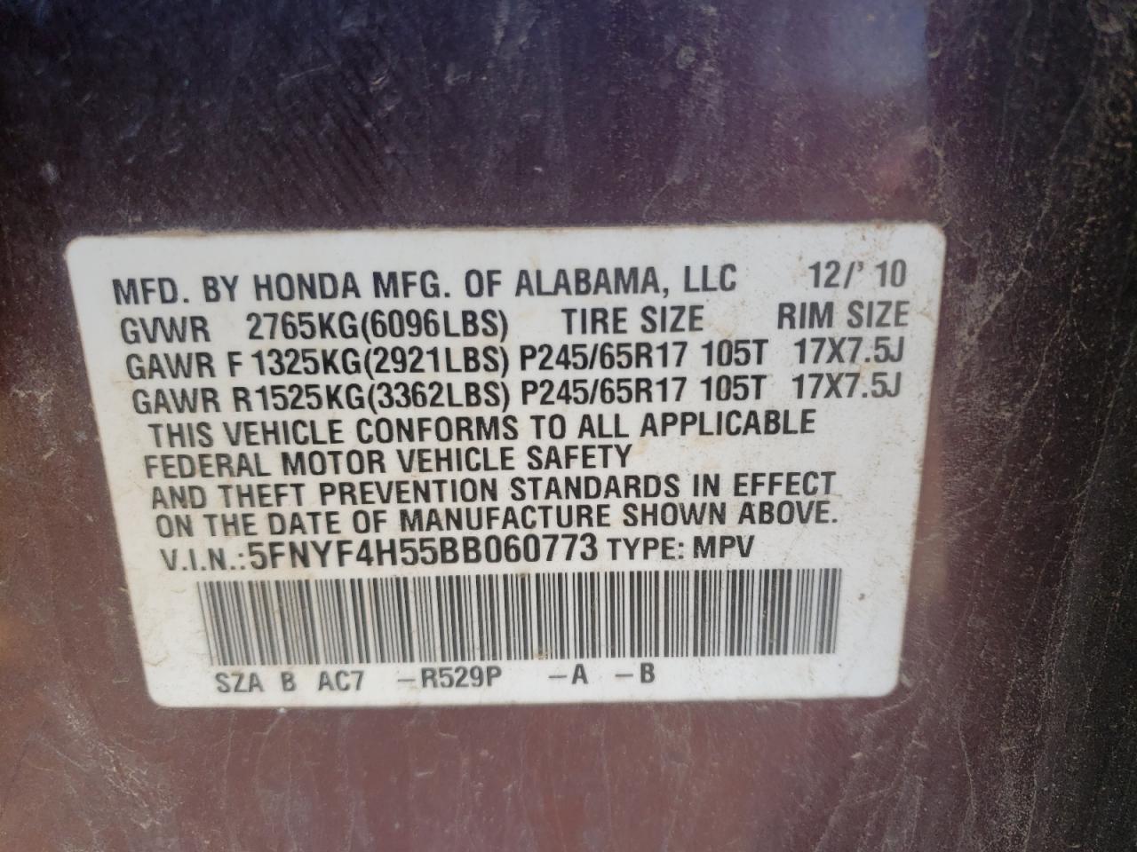 5FNYF4H55BB060773 2011 Honda Pilot Exl