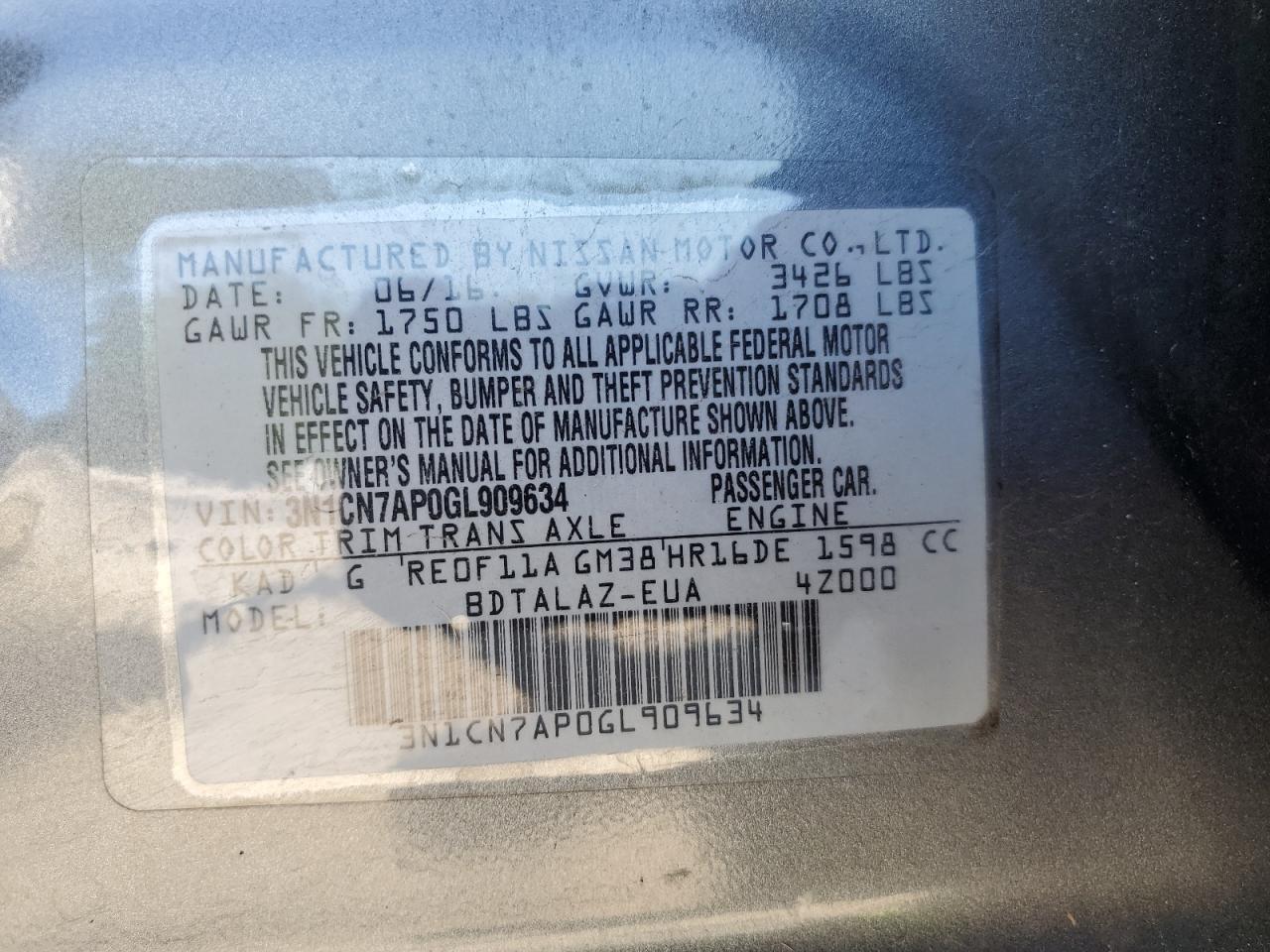 3N1CN7AP0GL909634 2016 Nissan Versa S