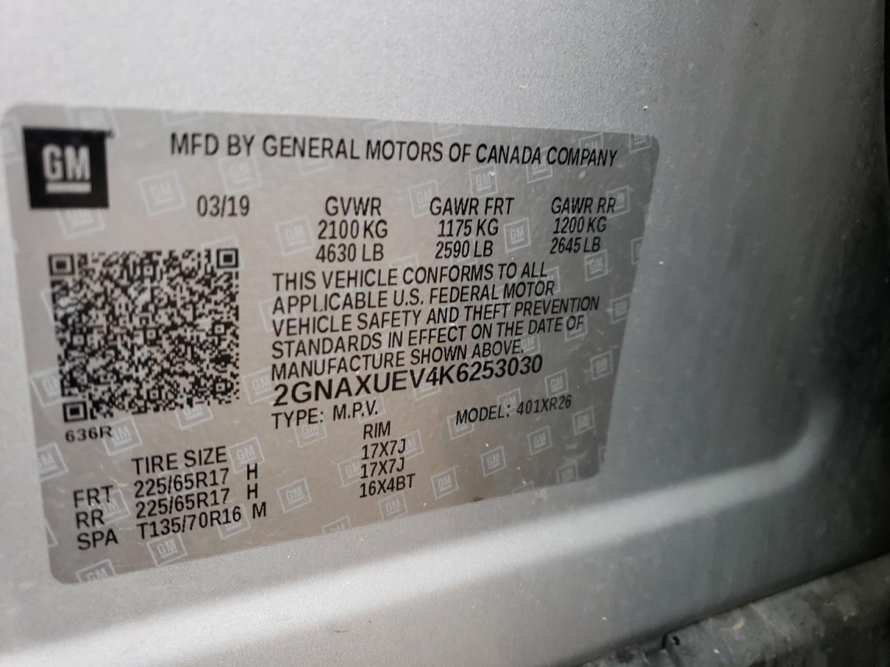 2GNAXUEV4K6253030 2019 Chevrolet Equinox Lt