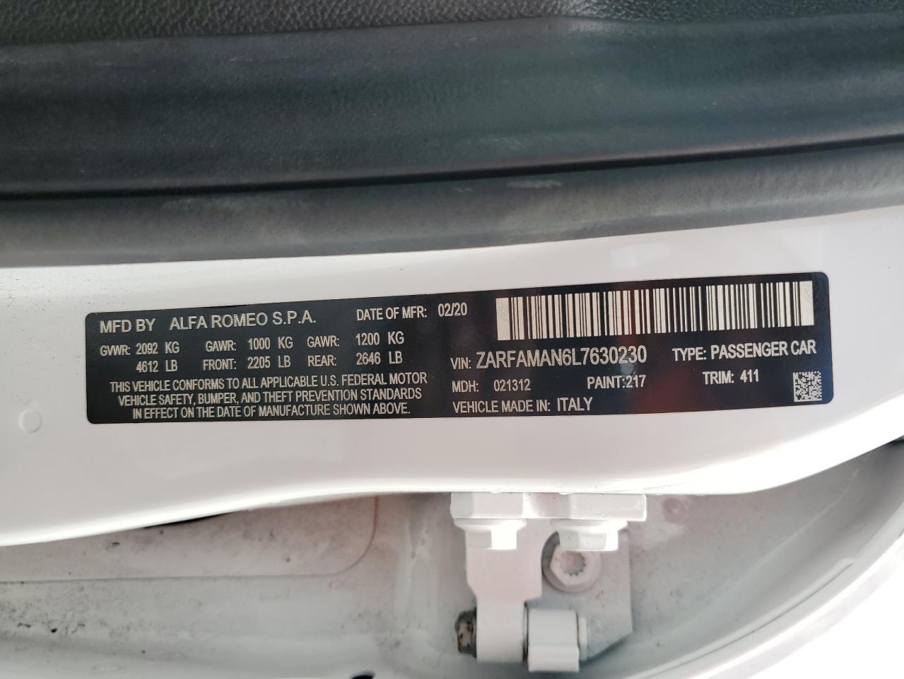 ZARFAMAN6L7630230 2020 Alfa Romeo Giulia