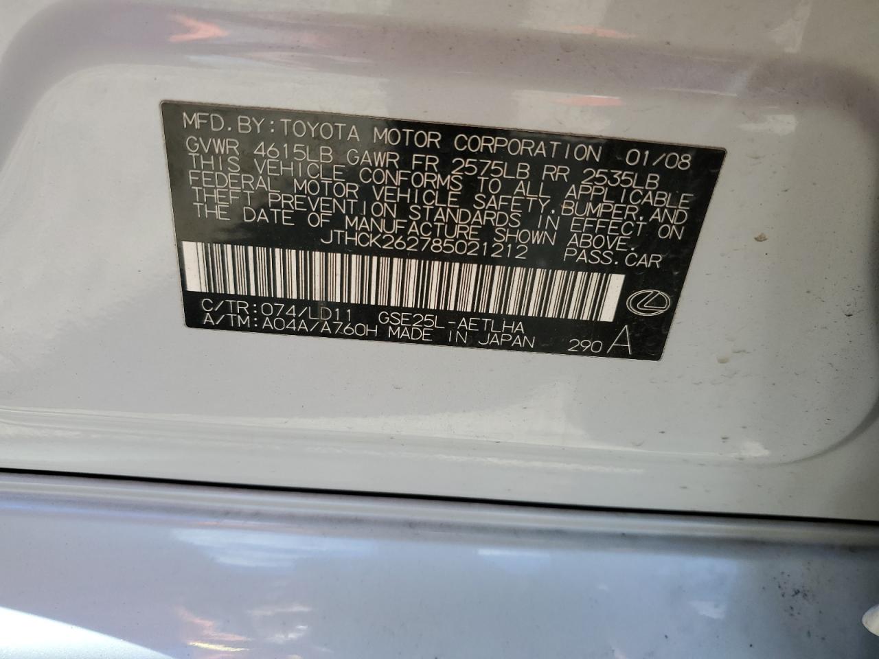 JTHCK262785021212 2008 Lexus Is 250