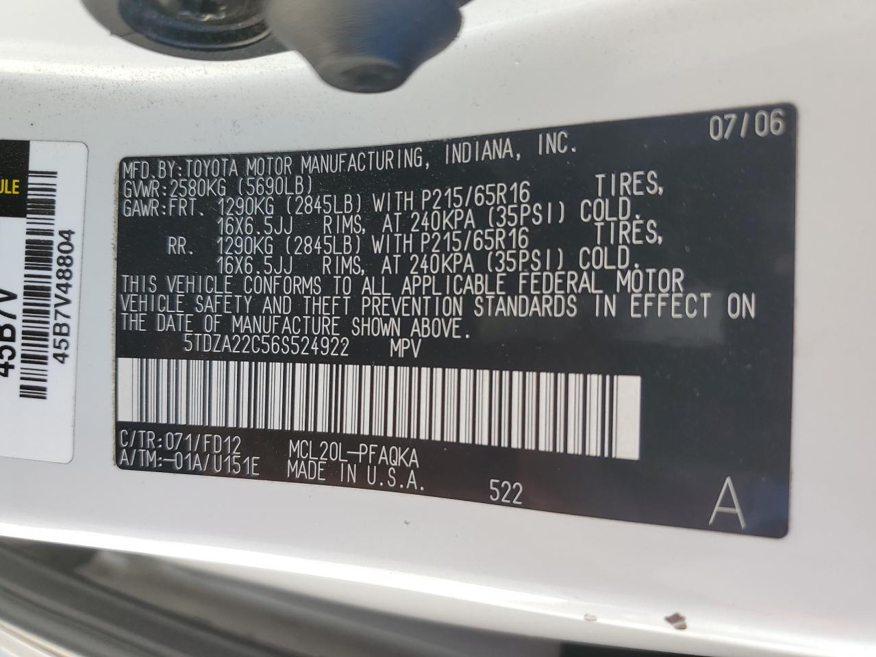 5TDZA22C56S524922 2006 Toyota Sienna Xle