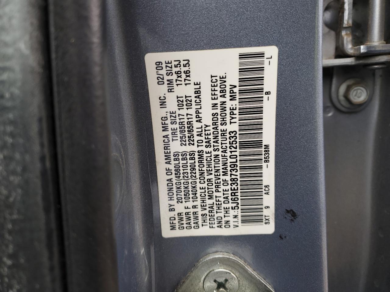 5J6RE38739L012533 2009 Honda Cr-V Exl