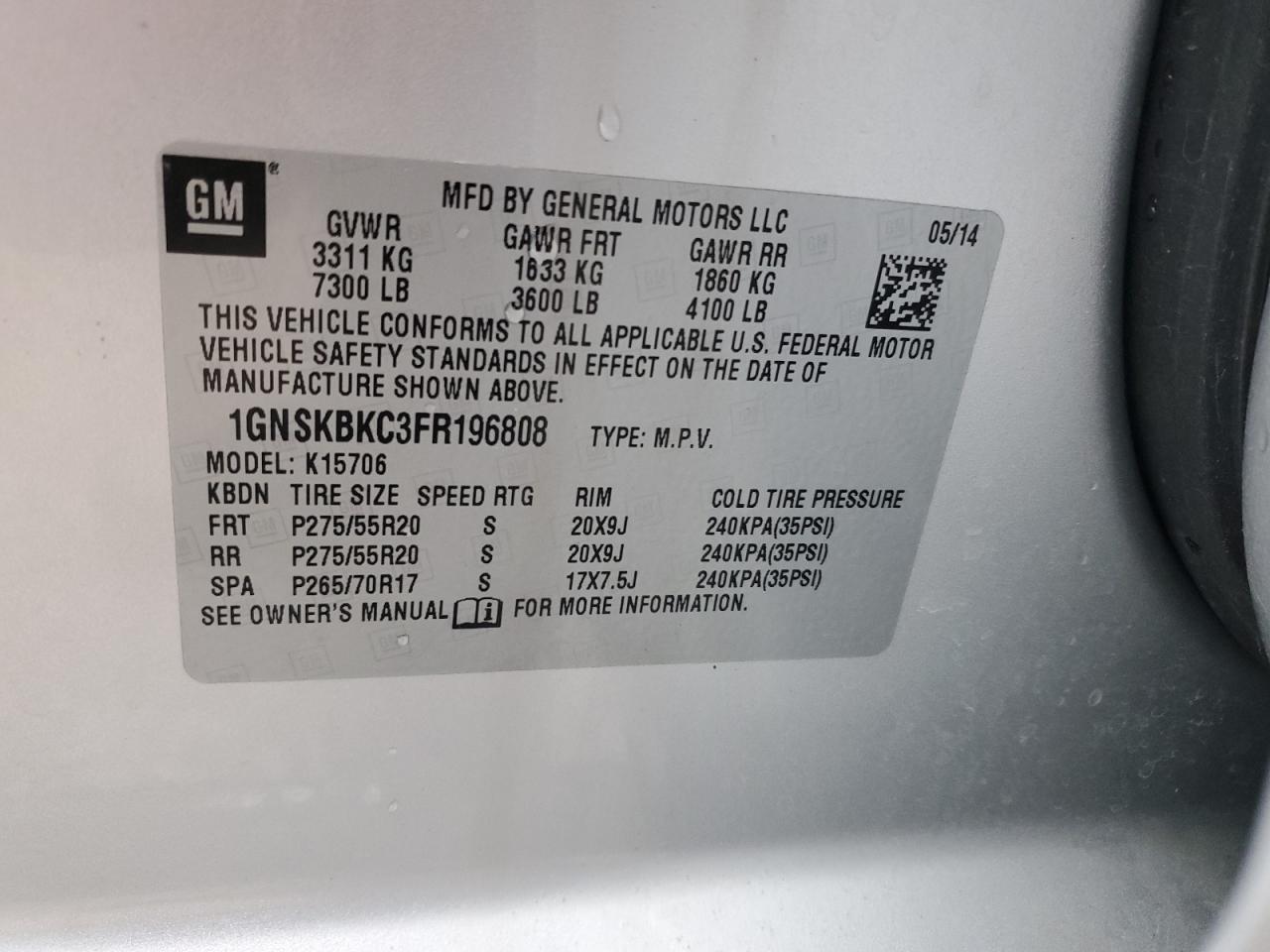 1GNSKBKC3FR196808 2015 Chevrolet Tahoe K1500 Lt