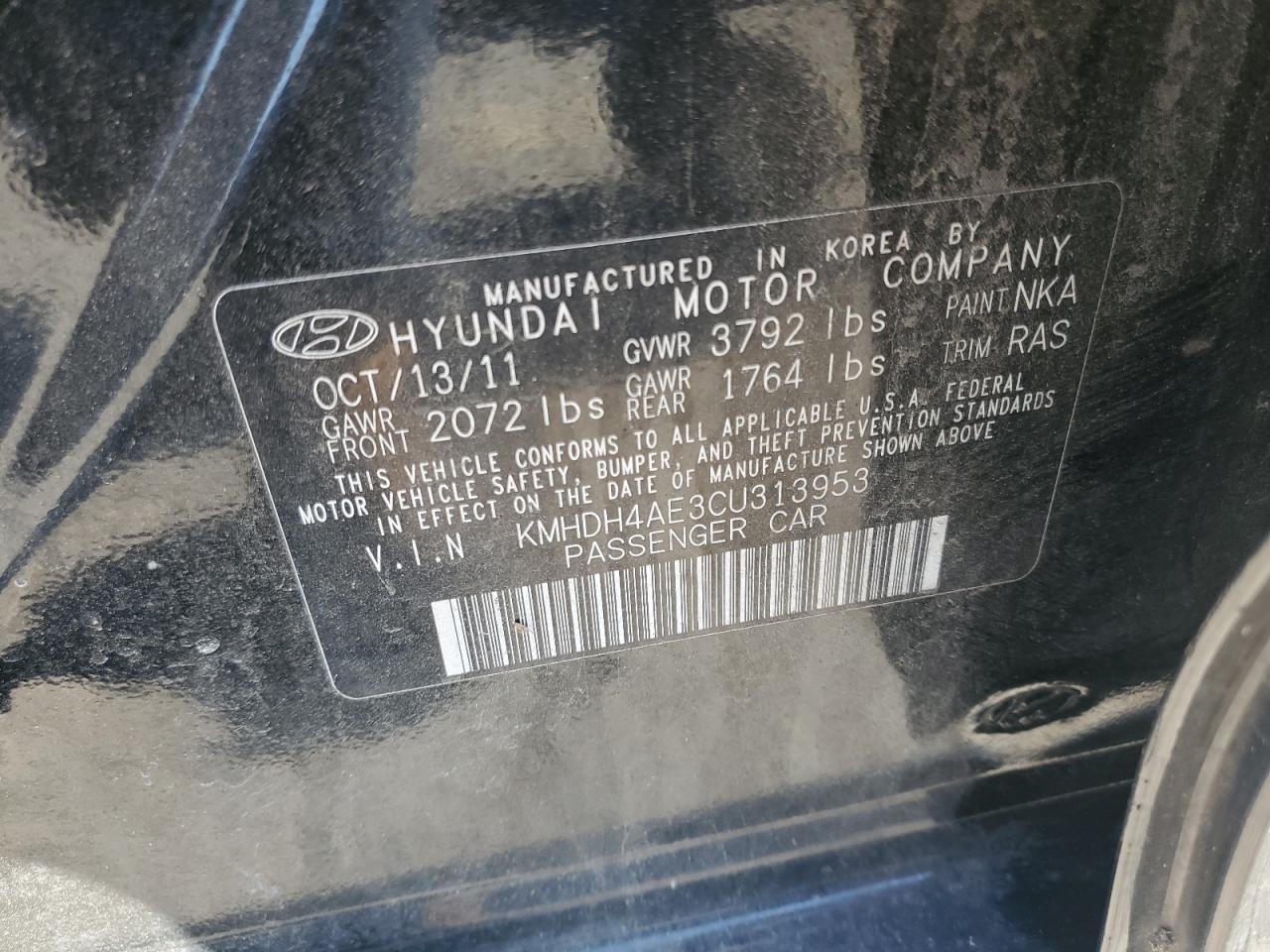 KMHDH4AE3CU313953 2012 Hyundai Elantra Gls