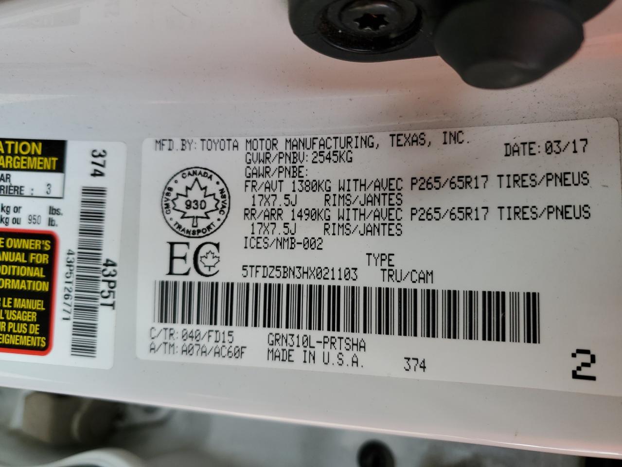 5TFDZ5BN3HX021103 2017 Toyota Tacoma Double Cab