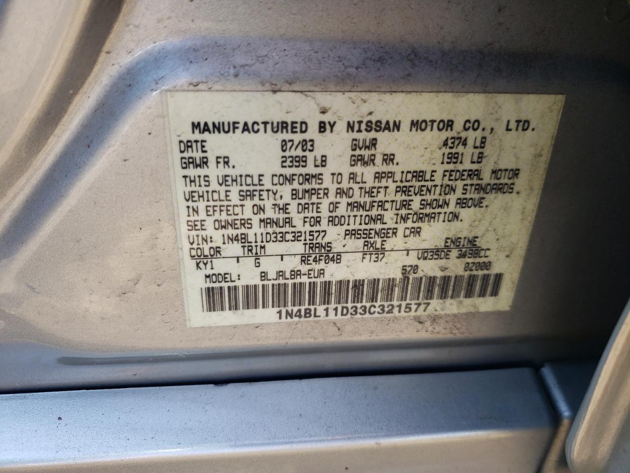 1N4BL11D33C321577 2003 Nissan Altima Se