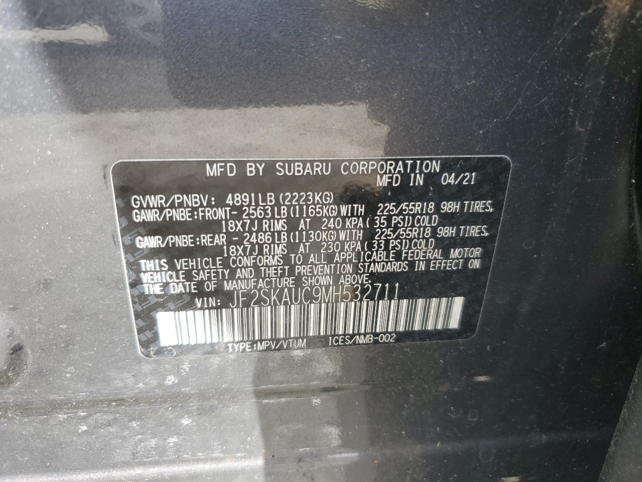 JF2SKAUC9MH532711 2021 Subaru Forester Limited