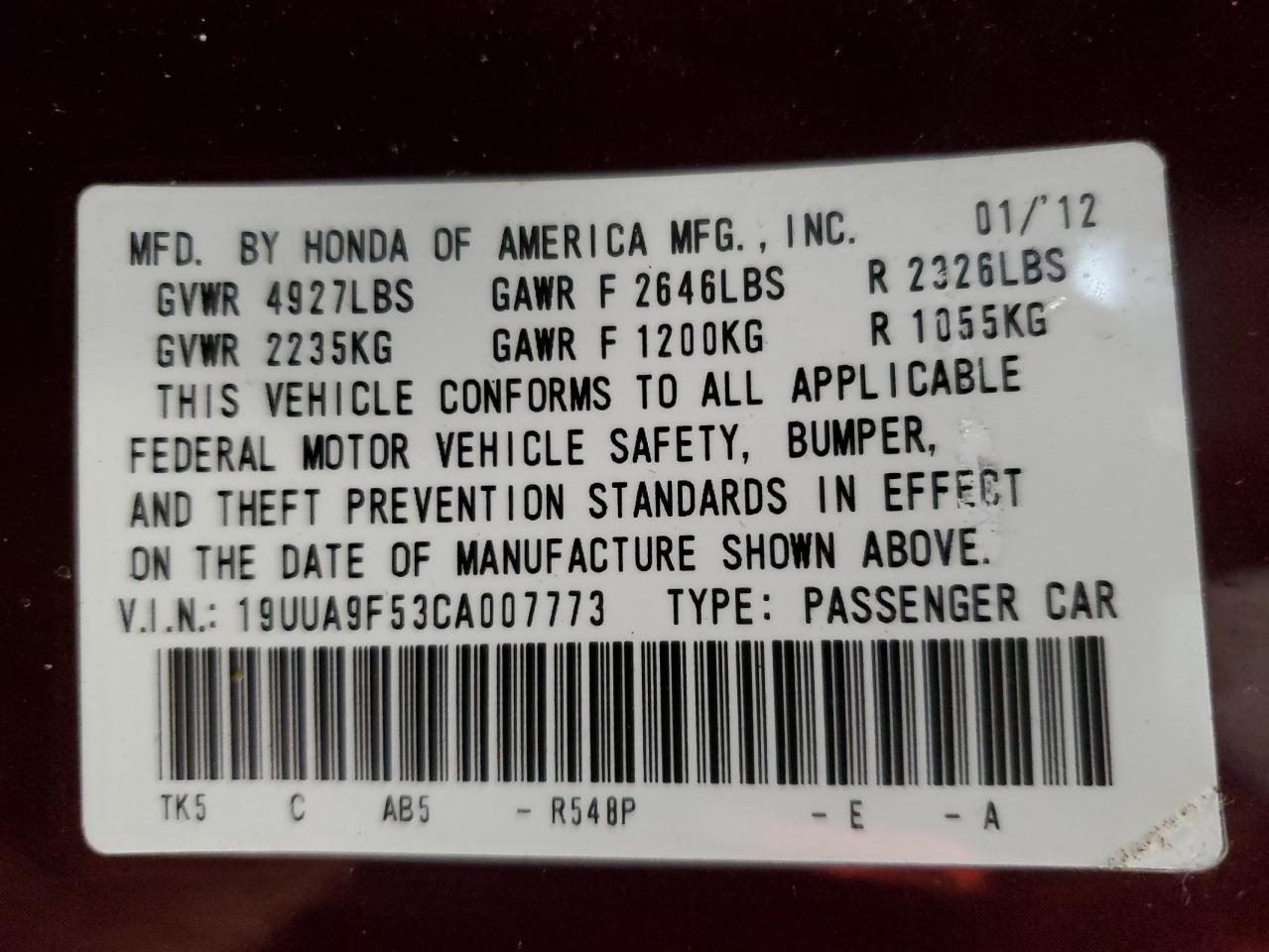 19UUA9F53CA007773 2012 Acura Tl