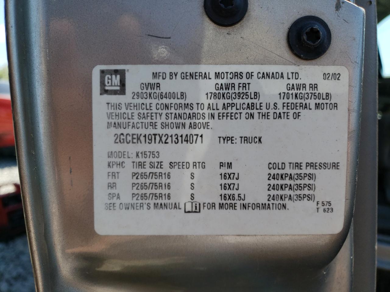 2GCEK19TX21314071 2002 Chevrolet Silverado K1500