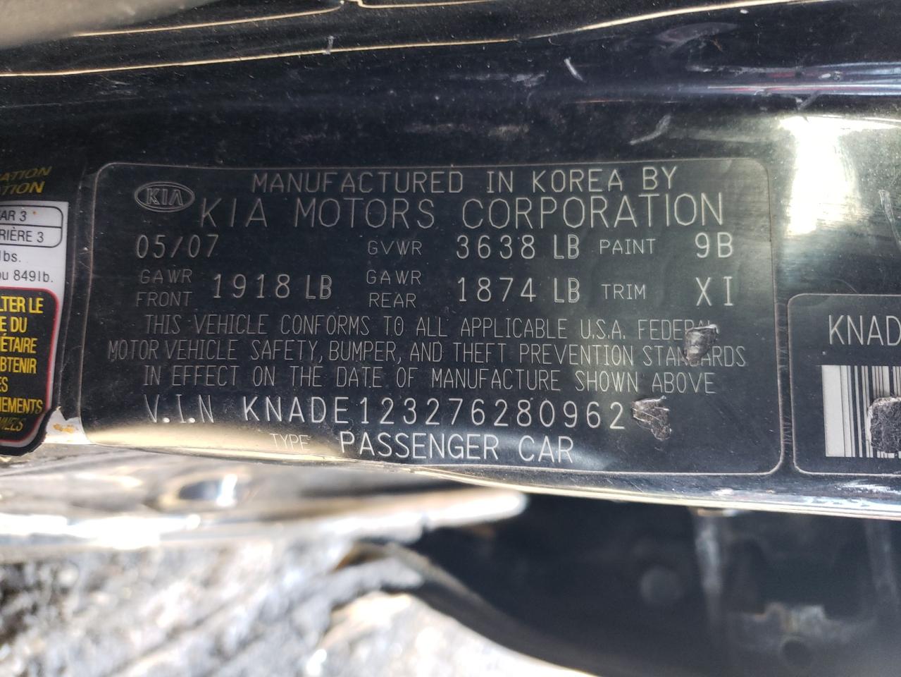 KNADE123276280962 2007 Kia Rio Base