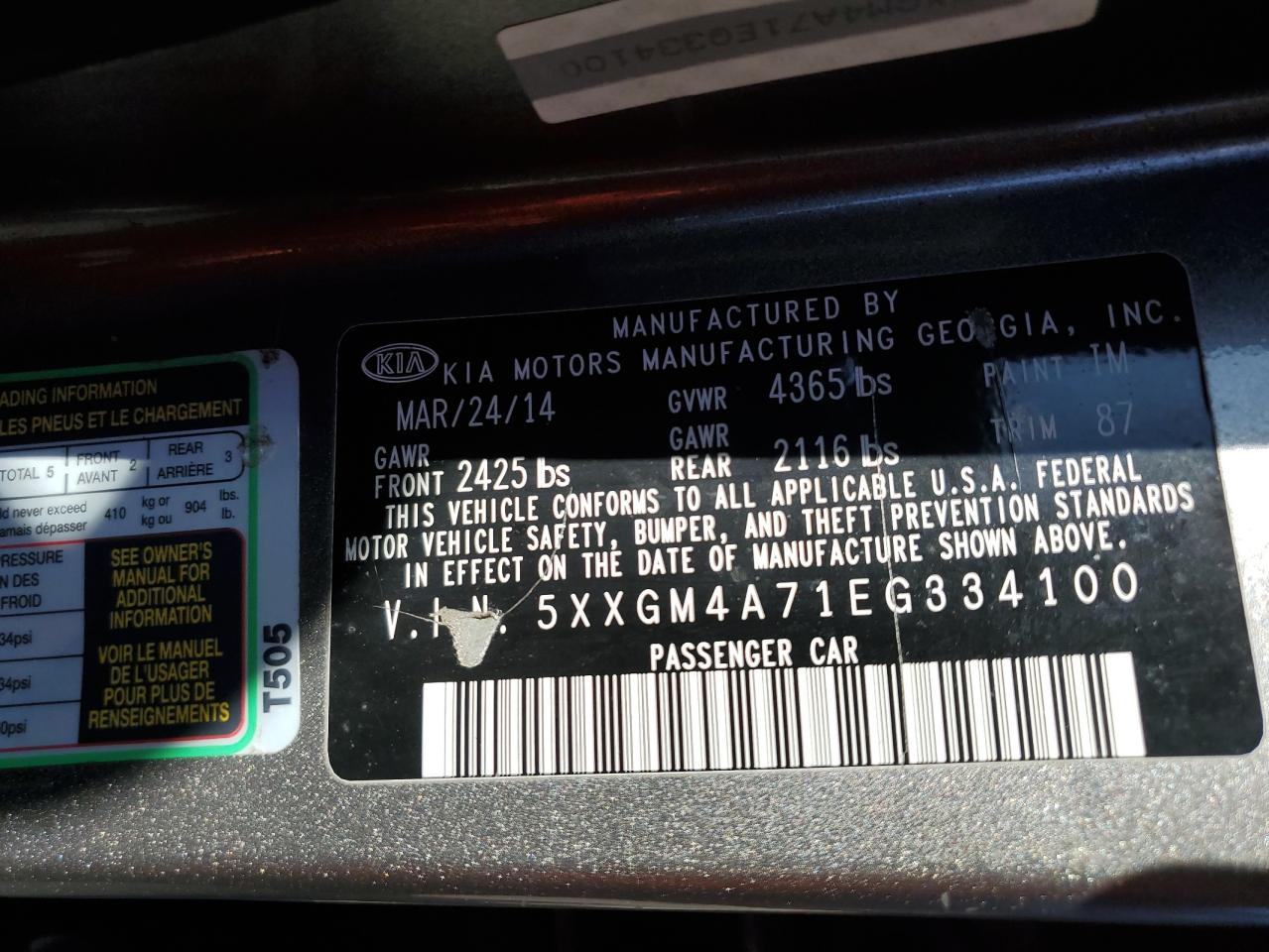 5XXGM4A71EG334100 2014 Kia Optima Lx