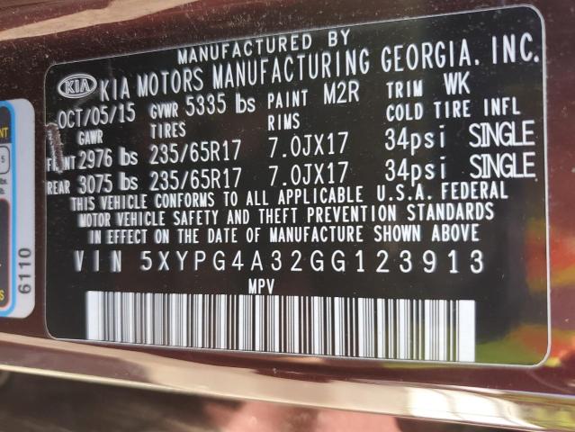 2016 Kia Sorento Lx VIN: 5XYPG4A32GG123913 Lot: 51343134