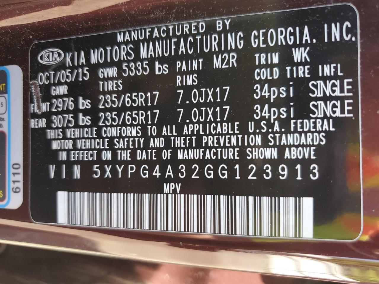 5XYPG4A32GG123913 2016 Kia Sorento Lx