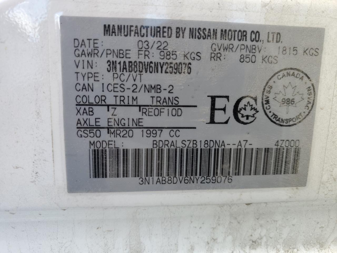 3N1AB8DV6NY259076 2022 Nissan Sentra Sr