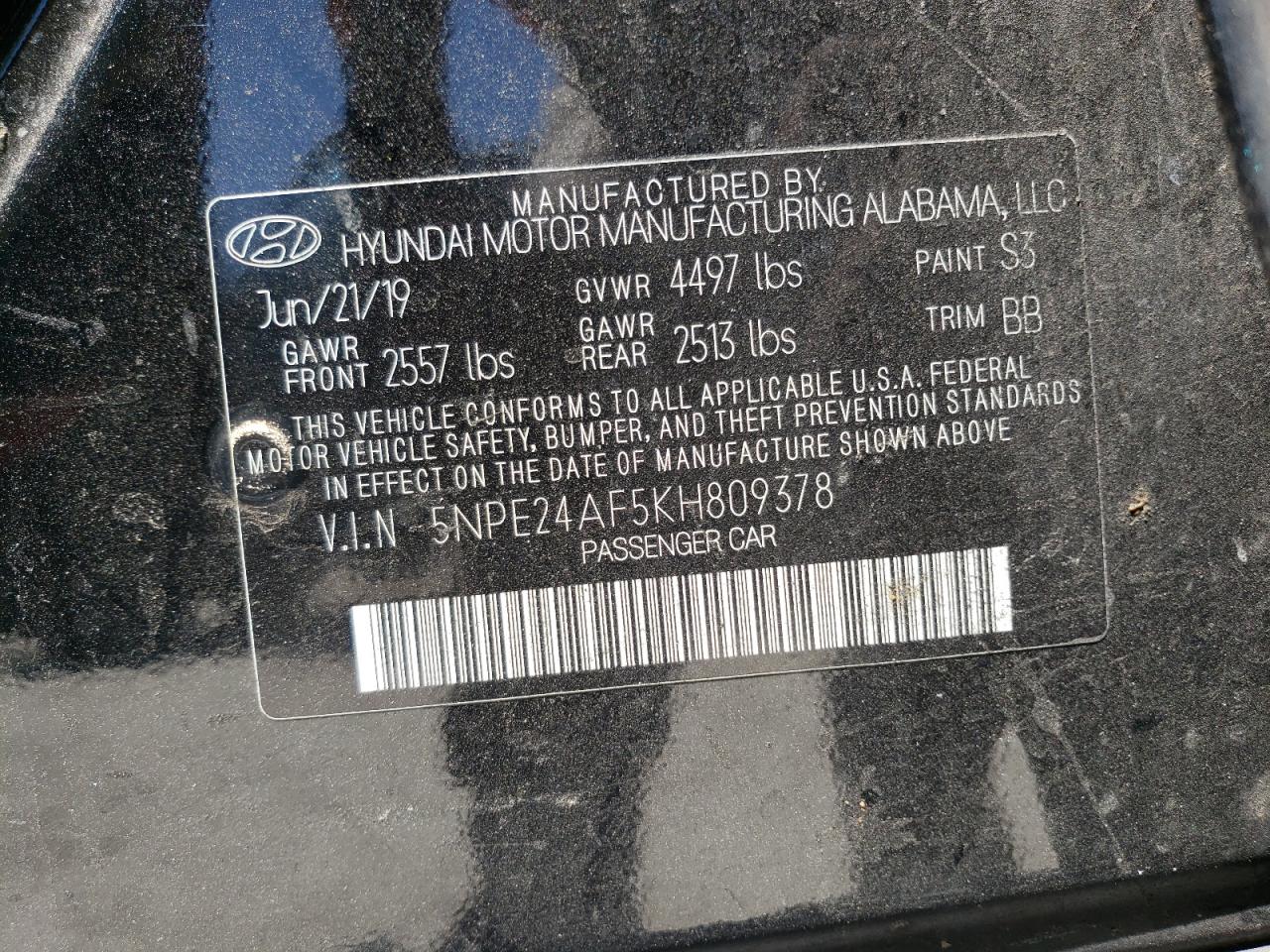 5NPE24AF5KH809378 2019 Hyundai Sonata Se