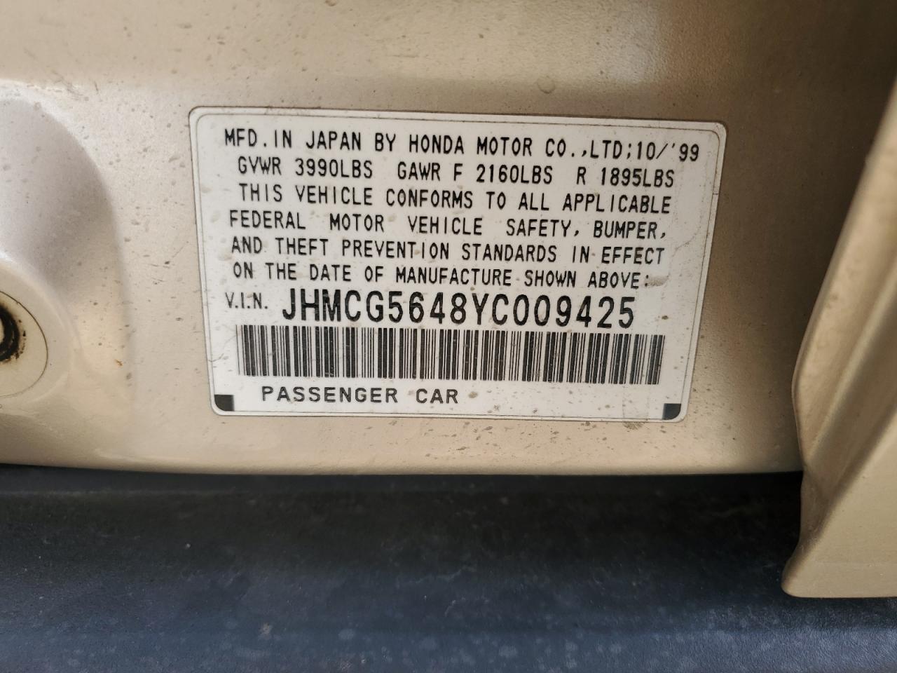 JHMCG5648YC009425 2000 Honda Accord Lx