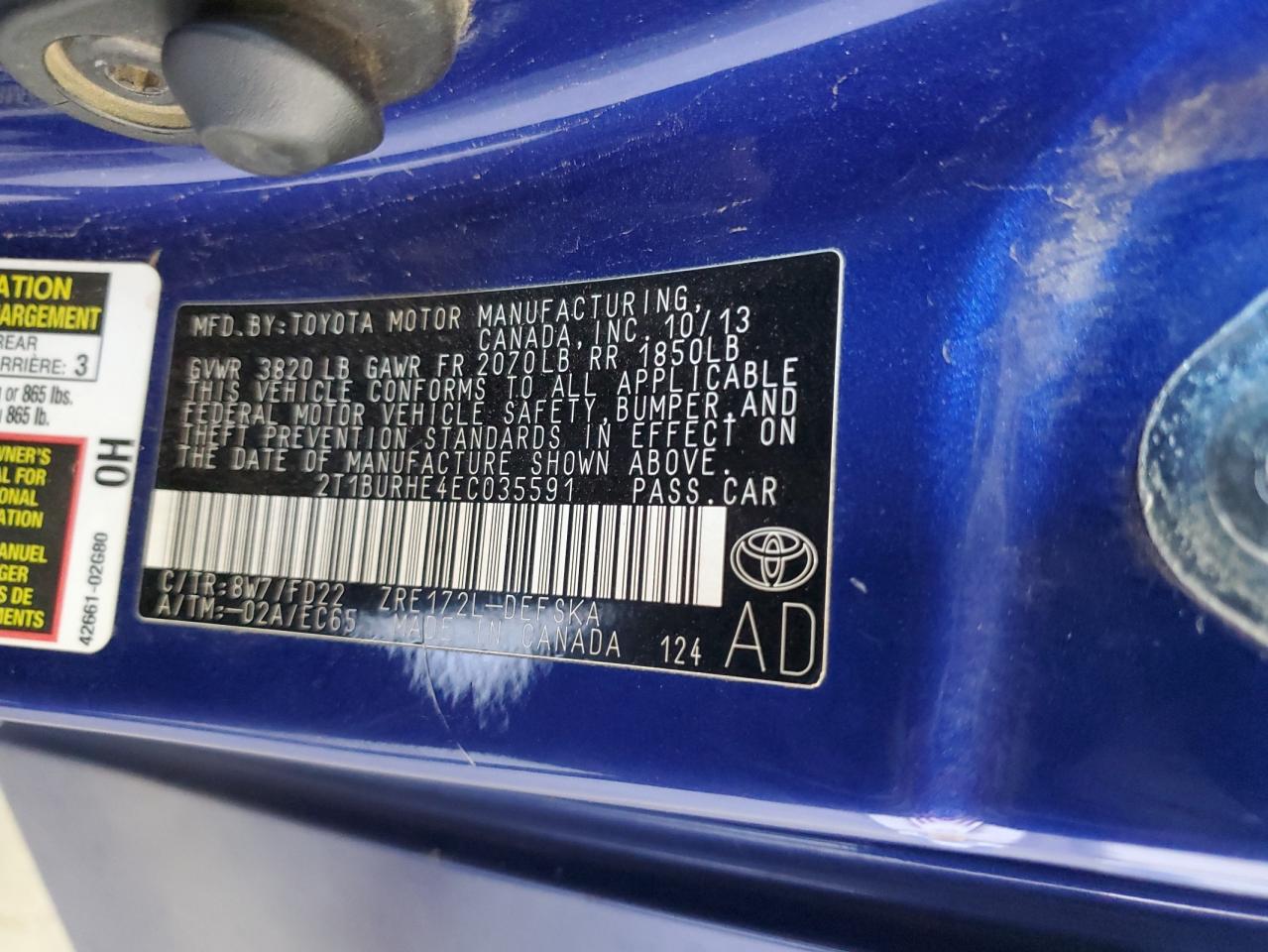 2T1BURHE4EC035591 2014 Toyota Corolla L