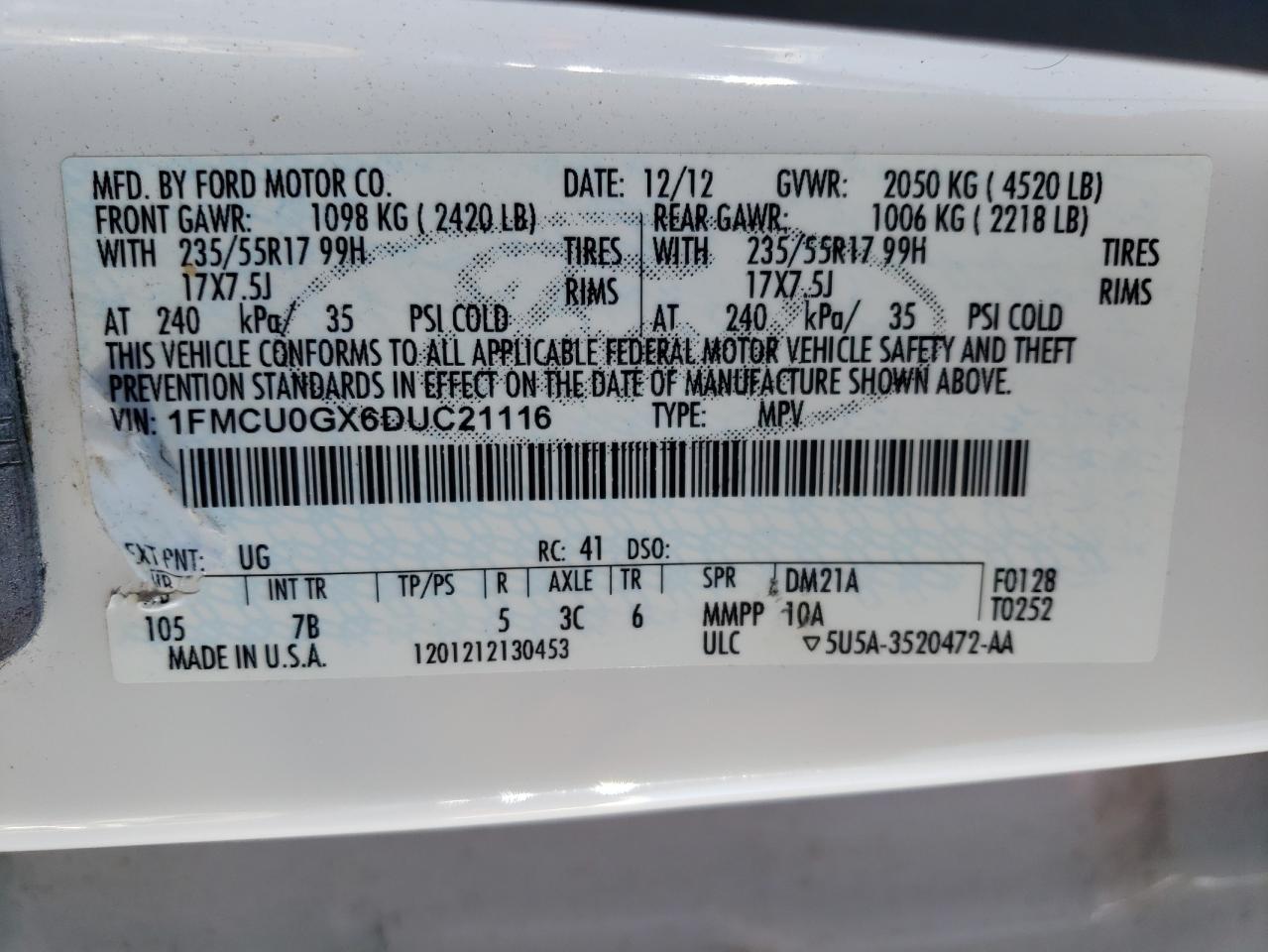 1FMCU0GX6DUC21116 2013 Ford Escape Se