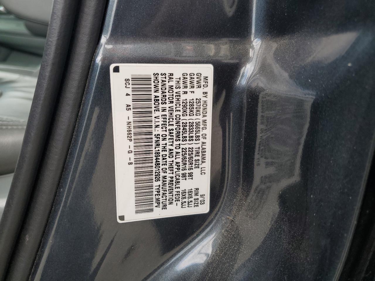 5FNRL18944B012926 2004 Honda Odyssey Exl