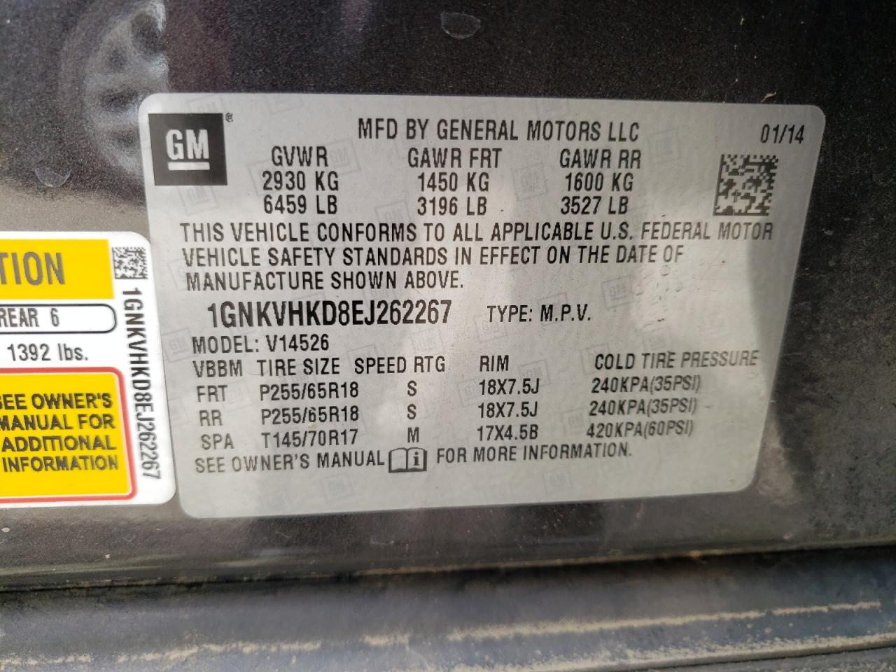 1GNKVHKD8EJ262267 2014 Chevrolet Traverse Lt