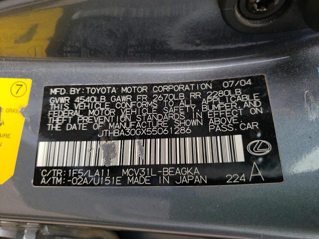 JTHBA30GX55061286 2005 Lexus Es 330