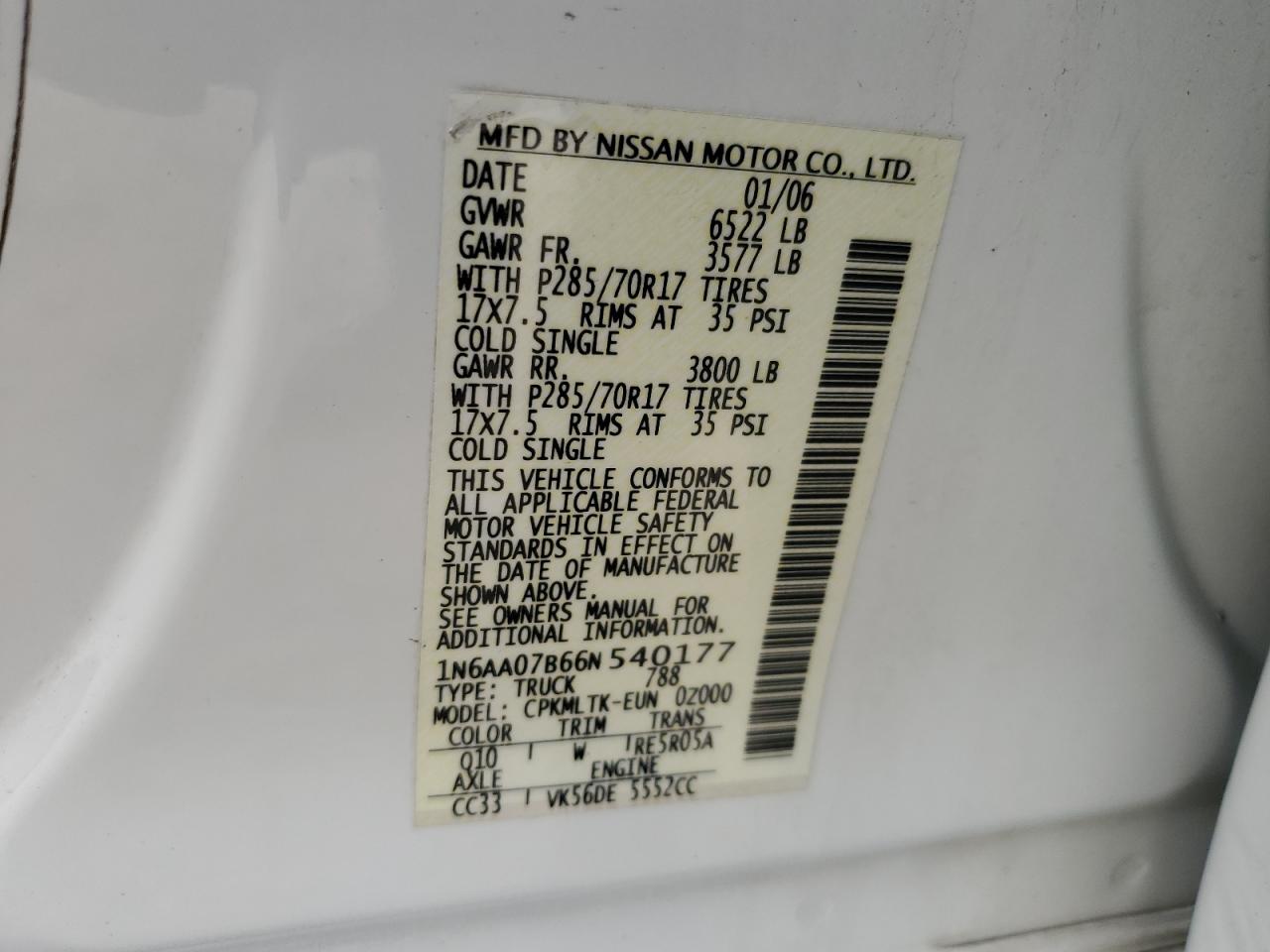 1N6AA07B66N540177 2006 Nissan Titan Xe