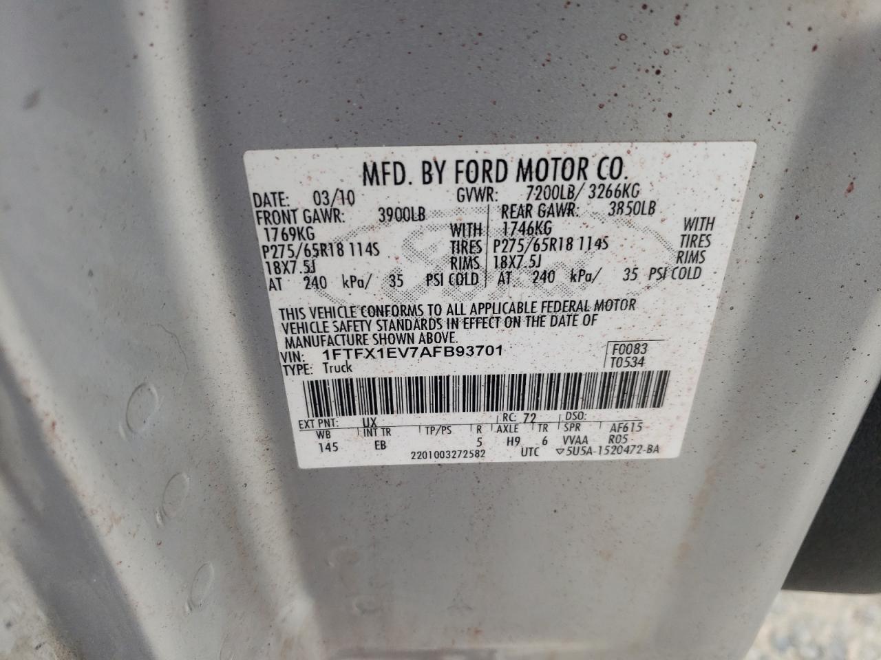 1FTFX1EV7AFB93701 2010 Ford F150 Super Cab