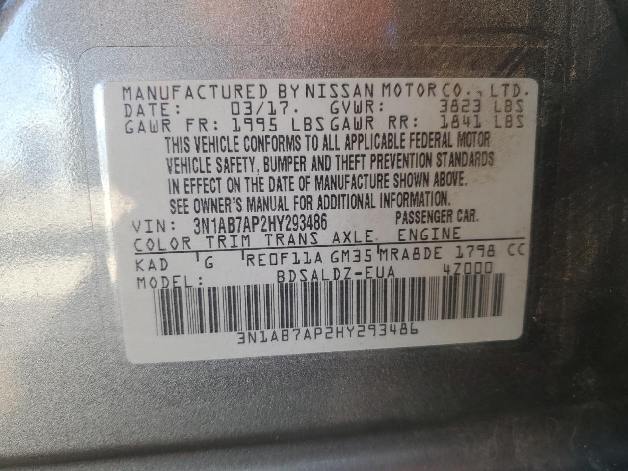 3N1AB7AP2HY293486 2017 Nissan Sentra S