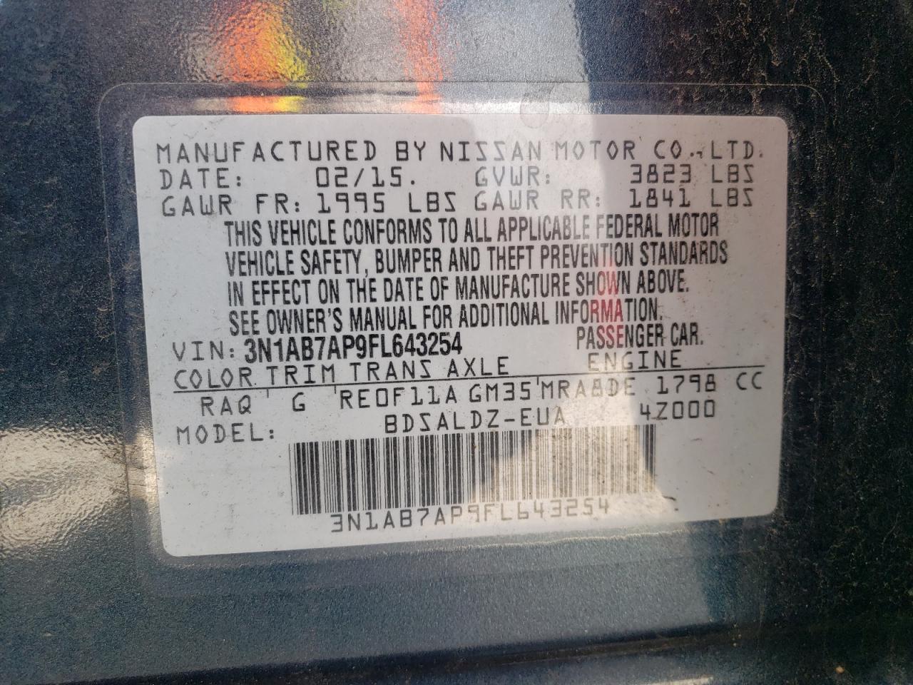 3N1AB7AP9FL643254 2015 Nissan Sentra S