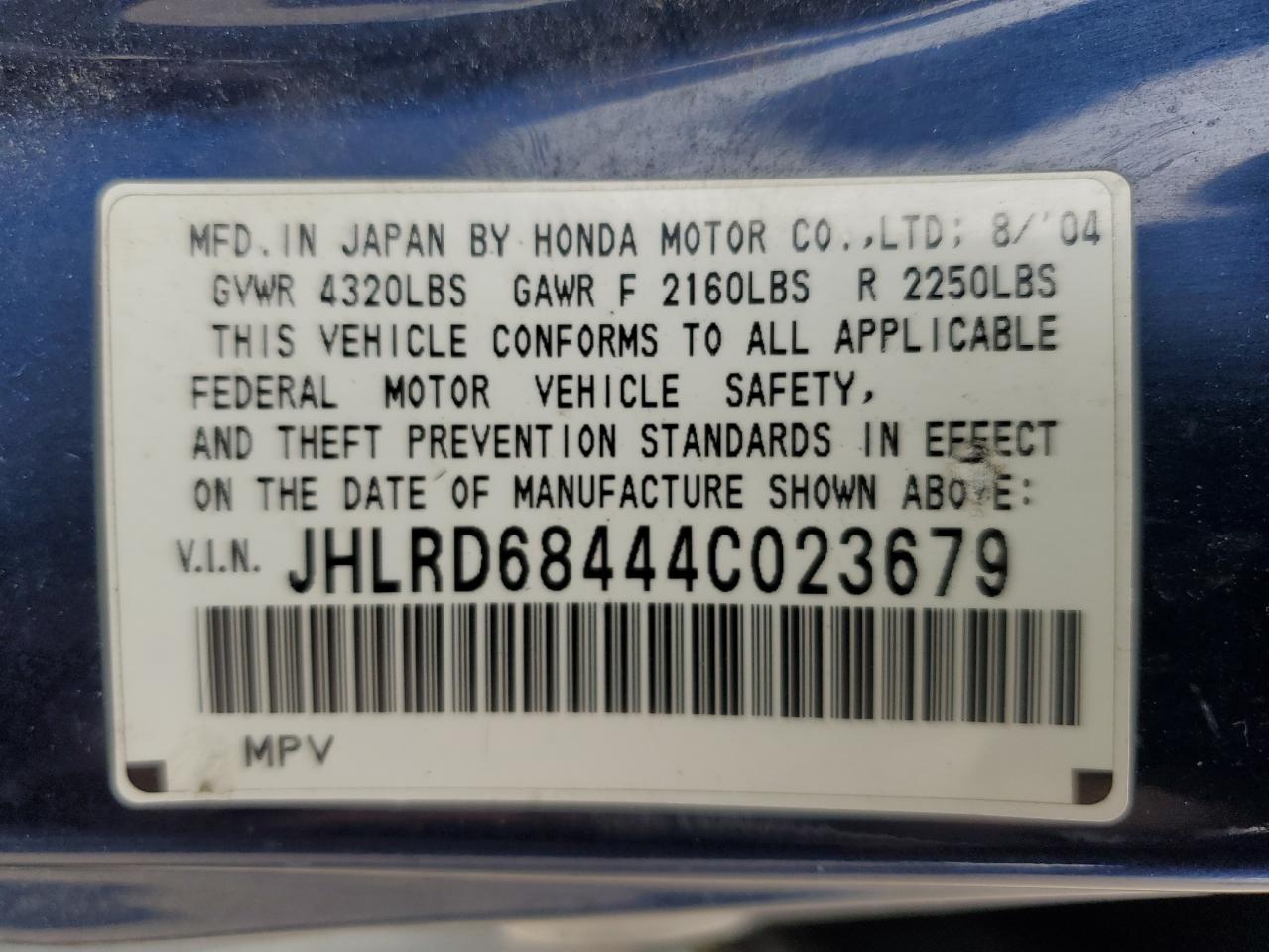 JHLRD68444C023679 2004 Honda Cr-V Lx