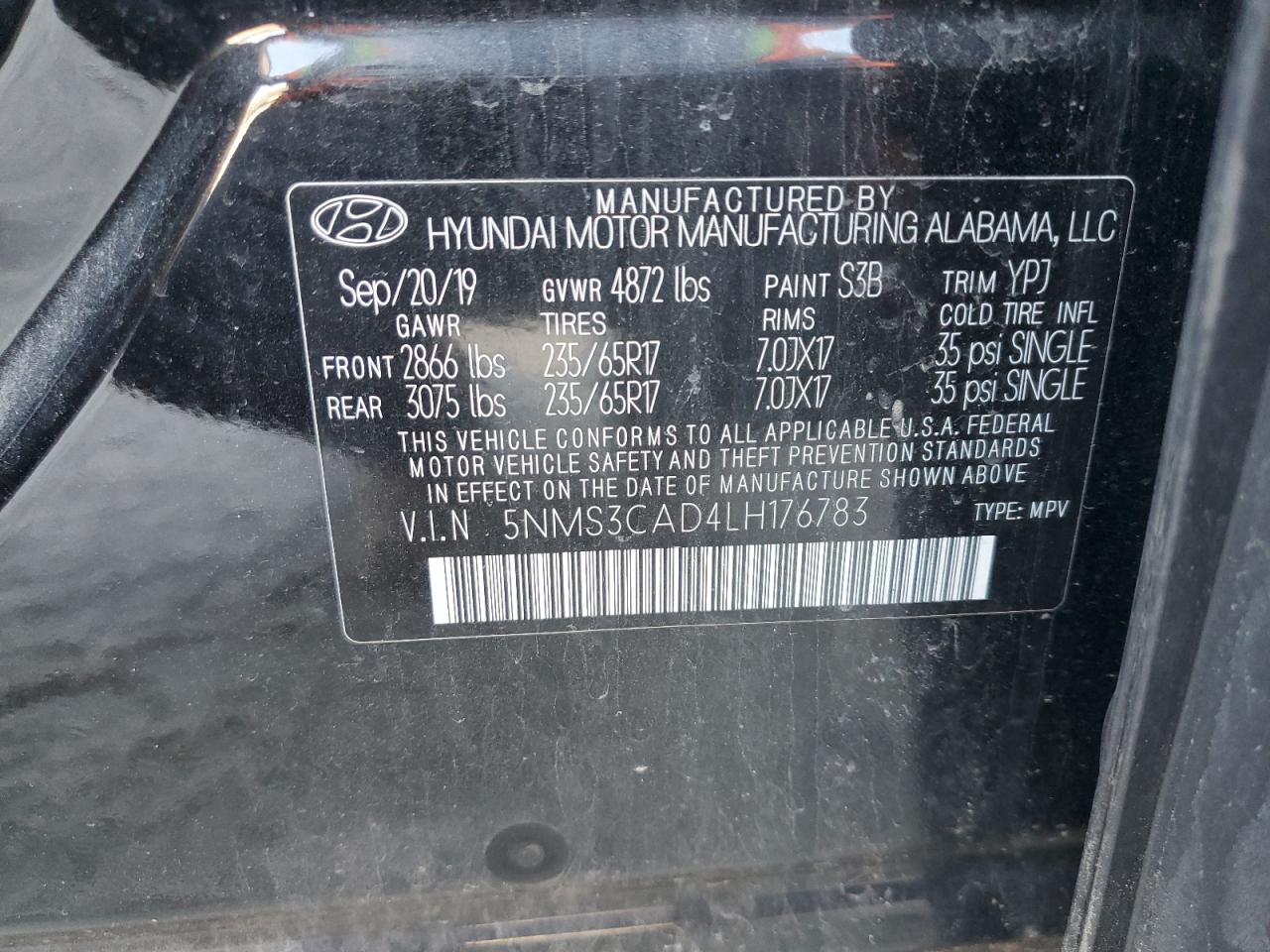 5NMS3CAD4LH176783 2020 Hyundai Santa Fe Sel