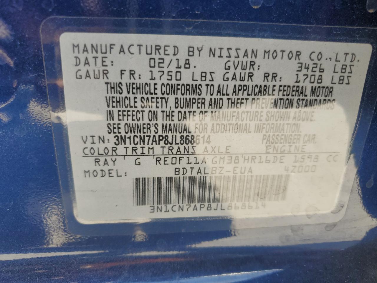 3N1CN7AP8JL868614 2018 Nissan Versa S