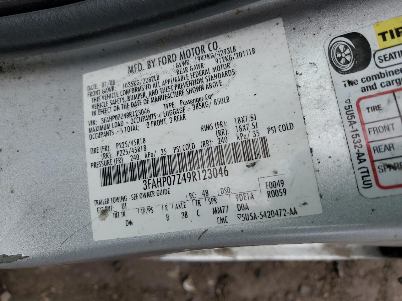 3FAHP07Z49R123046 2009 Ford Fusion Se